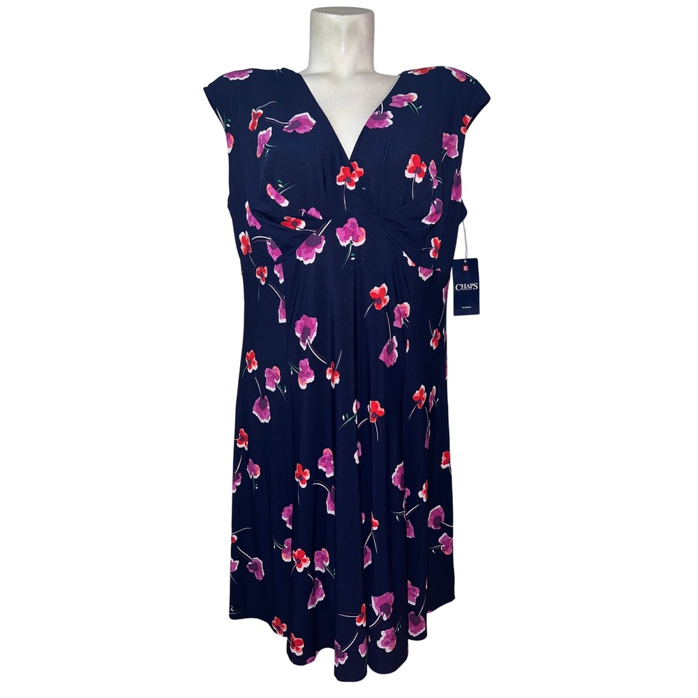 New Chaps Womens Navy Blue Floral V-Neck Sleeveless Midi Dress 16W NWT
